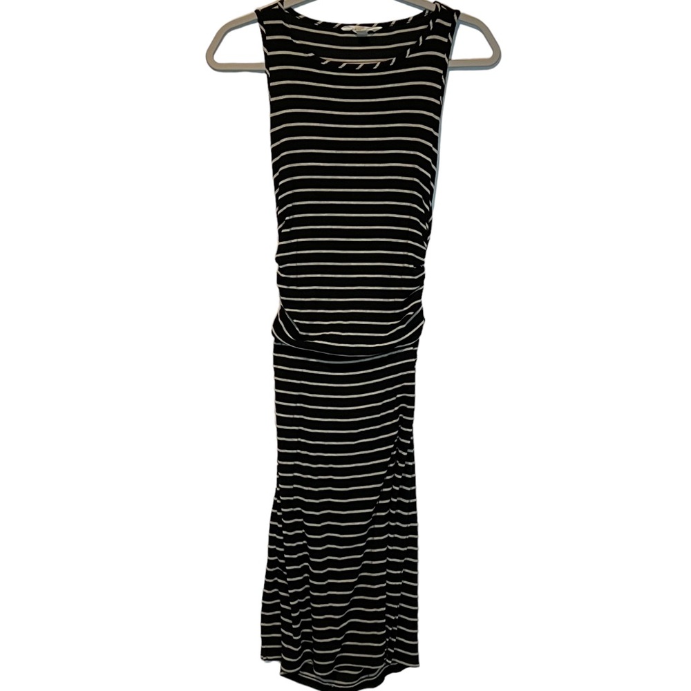 Athleta Small Black and Cream Striped Sleeveless Rouched Dress